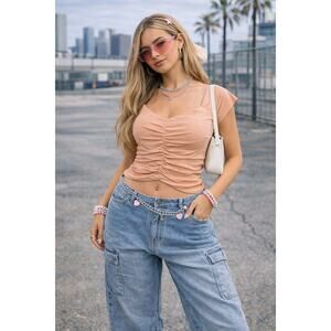 Vestique Ruched Cotton Crop Top Women S Peach Cap Sleeve Festival Y2K Streetwear